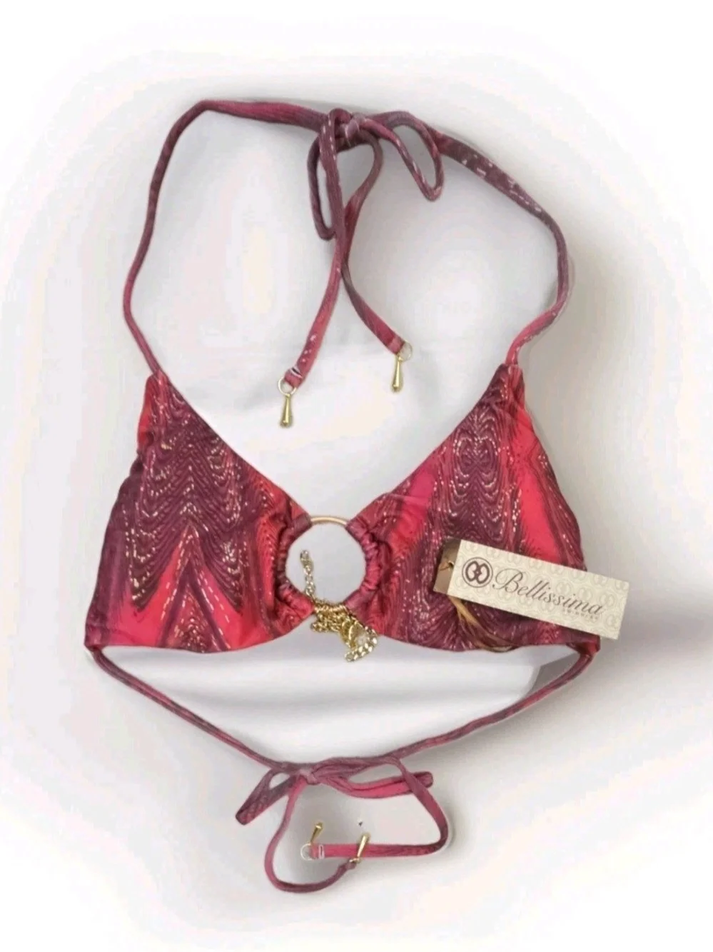 Bellissima Pink Red Halter Triangle Bikini Top with Gold Accent S,M,L